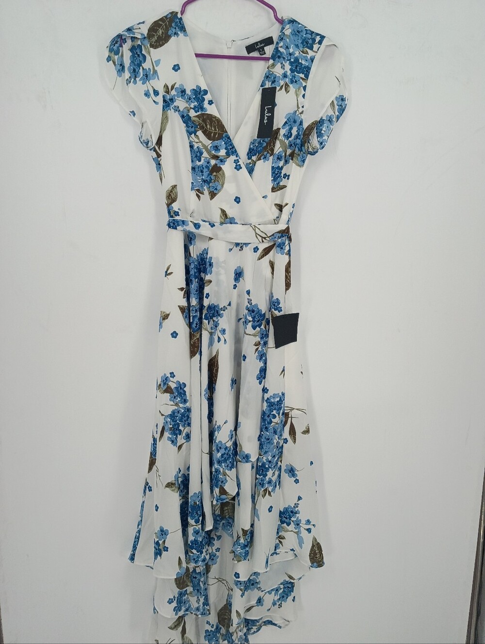 Lulu's White Floral High-Low Wrap Dress with Blue Blooms